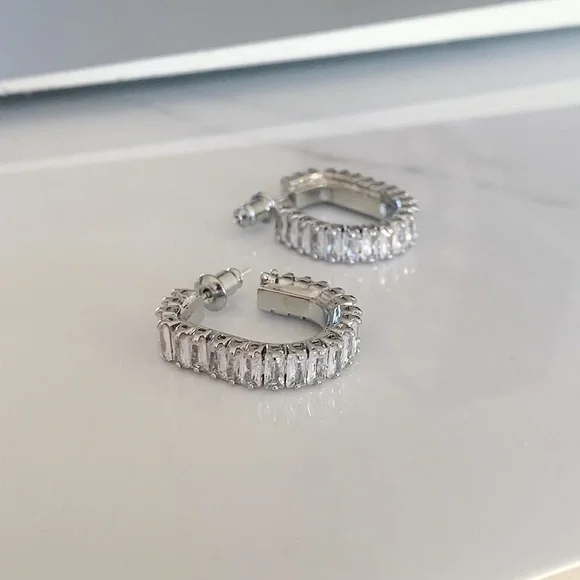 Silver cz earrings, cz hoop earrings, party earrings, silver hoop - Picture 5 of 6